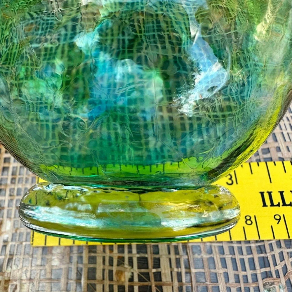 Handblown Glass Ball Flower Vase Green Blue Crackle Texture Round Bud Vase - Picture 7 of 8